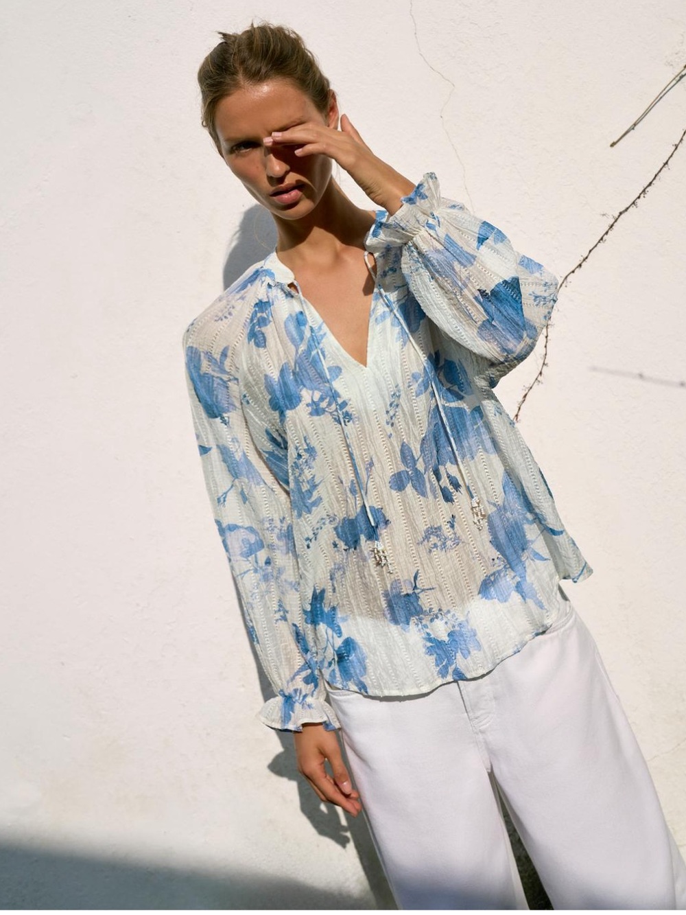 BEADED Light Blue Floral V-Neck Long Sleeve Blouse